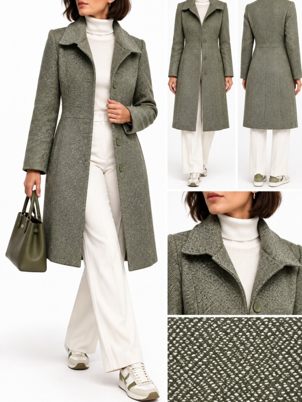 Costa Blanca Olive Green Wool Blend Tailored Long Coat Size 8 Light Academia